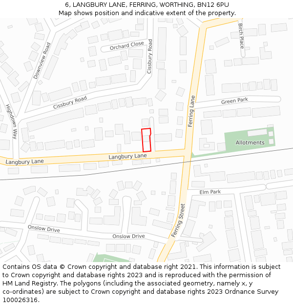 6, LANGBURY LANE, FERRING, WORTHING, BN12 6PU: Location map and indicative extent of plot
