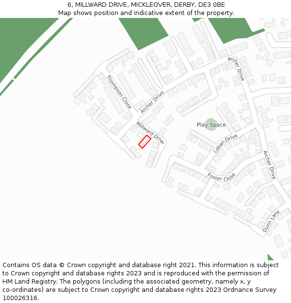 6, MILLWARD DRIVE, MICKLEOVER, DERBY, DE3 0BE: Location map and indicative extent of plot