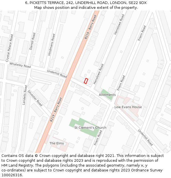 6, PICKETTS TERRACE, 242, UNDERHILL ROAD, LONDON, SE22 9DX: Location map and indicative extent of plot