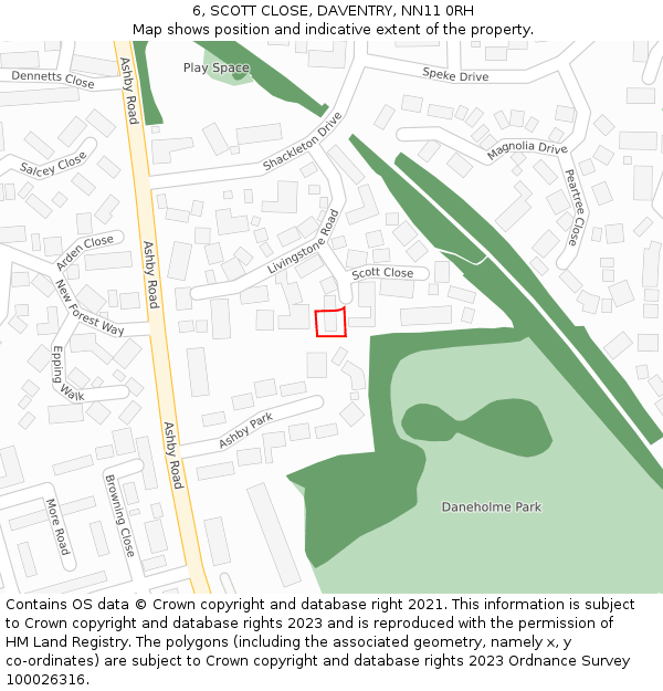 6, SCOTT CLOSE, DAVENTRY, NN11 0RH: Location map and indicative extent of plot