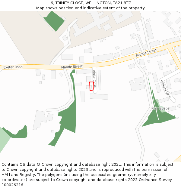 6, TRINITY CLOSE, WELLINGTON, TA21 8TZ: Location map and indicative extent of plot