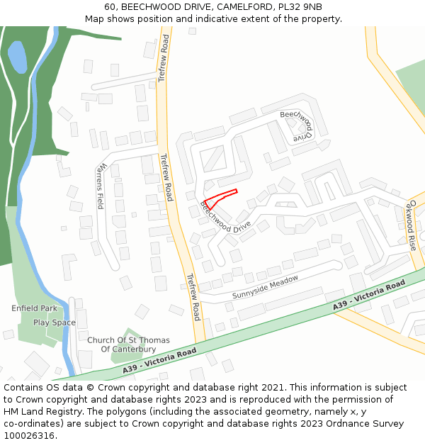 60, BEECHWOOD DRIVE, CAMELFORD, PL32 9NB: Location map and indicative extent of plot