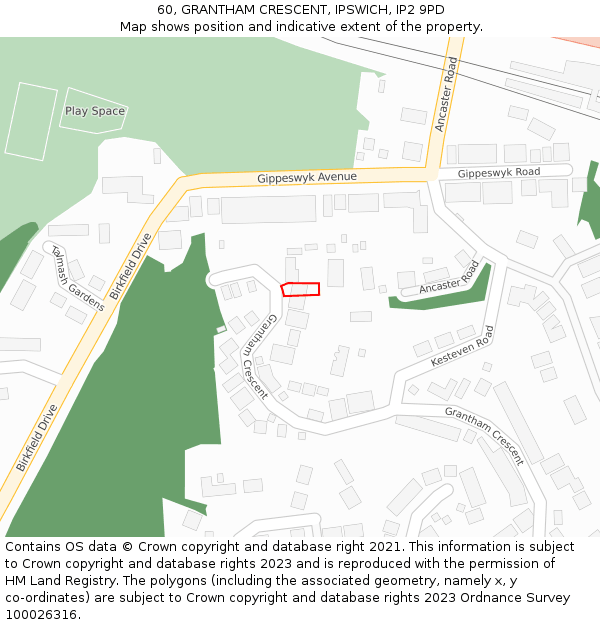 60, GRANTHAM CRESCENT, IPSWICH, IP2 9PD: Location map and indicative extent of plot
