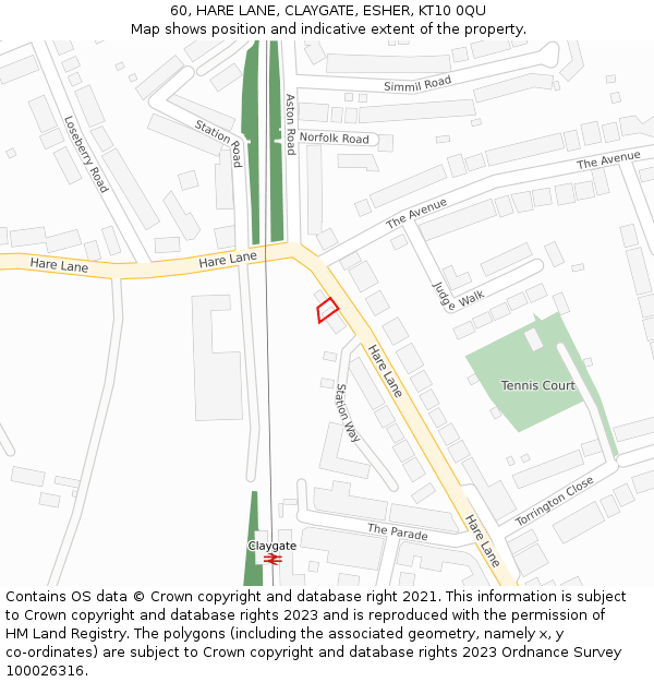 60, HARE LANE, CLAYGATE, ESHER, KT10 0QU: Location map and indicative extent of plot