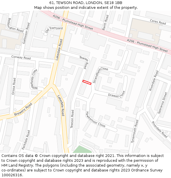 61, TEWSON ROAD, LONDON, SE18 1BB: Location map and indicative extent of plot