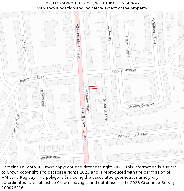 62, BROADWATER ROAD, WORTHING, BN14 8AG: Location map and indicative extent of plot