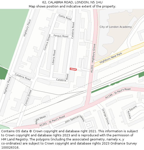 62, CALABRIA ROAD, LONDON, N5 1HU: Location map and indicative extent of plot