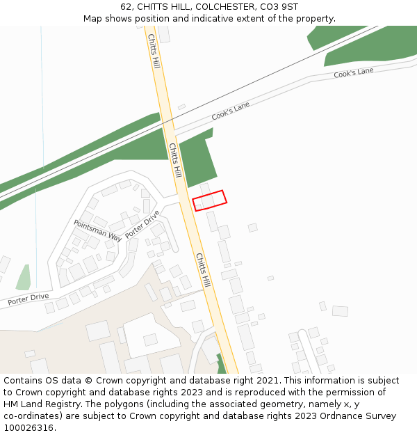 62, CHITTS HILL, COLCHESTER, CO3 9ST: Location map and indicative extent of plot