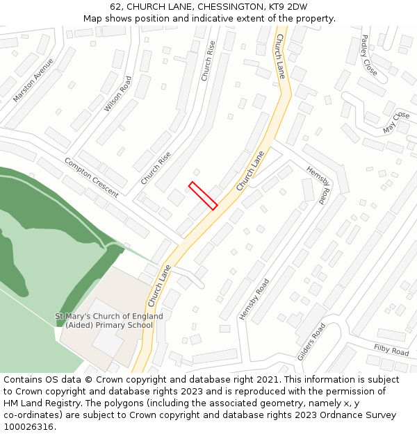 62, CHURCH LANE, CHESSINGTON, KT9 2DW: Location map and indicative extent of plot
