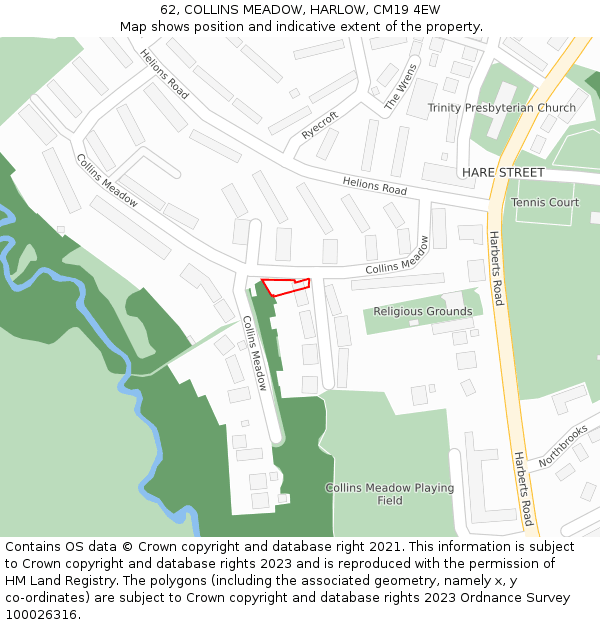 62, COLLINS MEADOW, HARLOW, CM19 4EW: Location map and indicative extent of plot