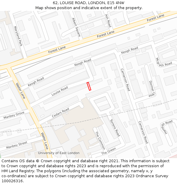 62, LOUISE ROAD, LONDON, E15 4NW: Location map and indicative extent of plot