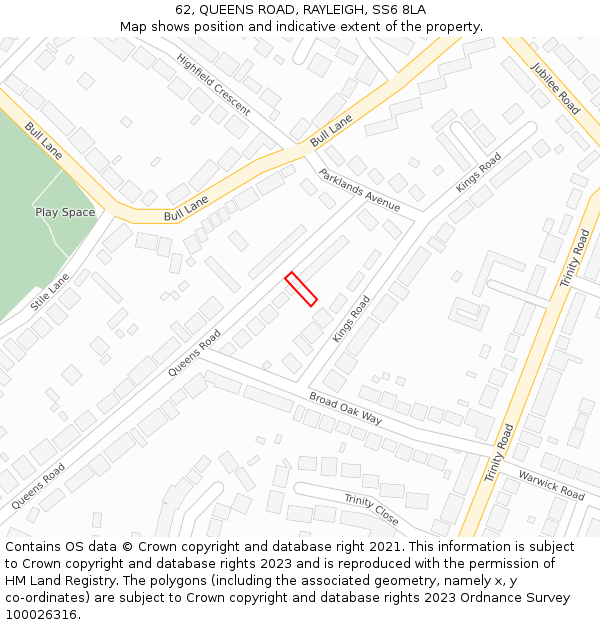 62, QUEENS ROAD, RAYLEIGH, SS6 8LA: Location map and indicative extent of plot