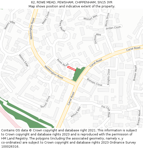 62, ROWE MEAD, PEWSHAM, CHIPPENHAM, SN15 3YR: Location map and indicative extent of plot