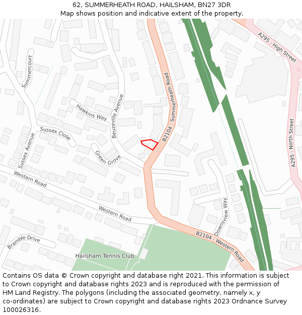 62, SUMMERHEATH ROAD, HAILSHAM, BN27 3DR: Location map and indicative extent of plot