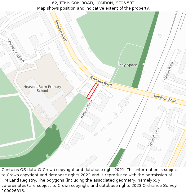 62, TENNISON ROAD, LONDON, SE25 5RT: Location map and indicative extent of plot