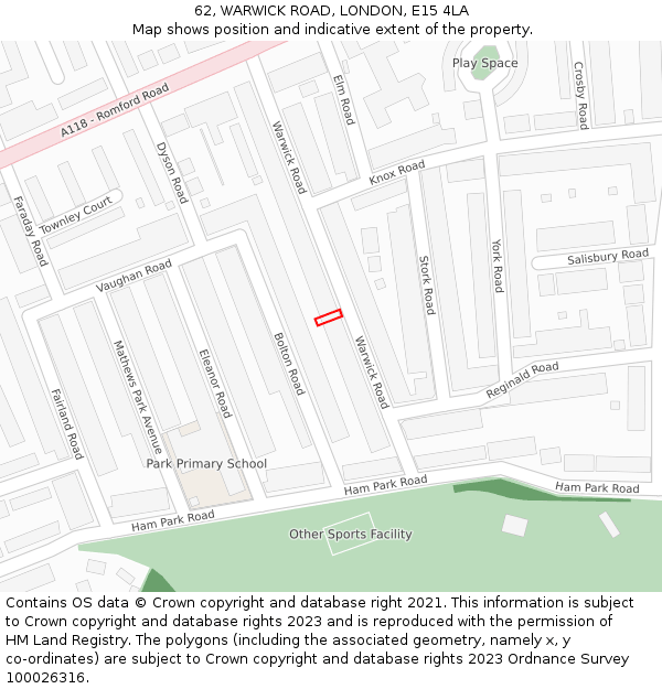 62, WARWICK ROAD, LONDON, E15 4LA: Location map and indicative extent of plot