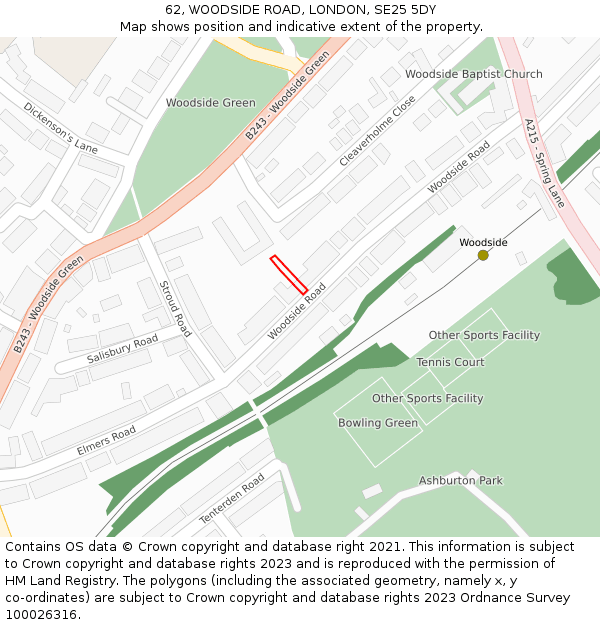 62, WOODSIDE ROAD, LONDON, SE25 5DY: Location map and indicative extent of plot