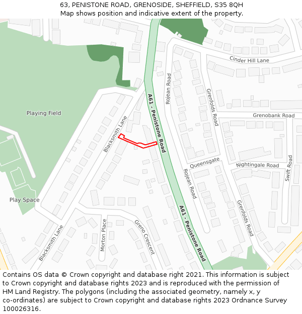 63, PENISTONE ROAD, GRENOSIDE, SHEFFIELD, S35 8QH: Location map and indicative extent of plot