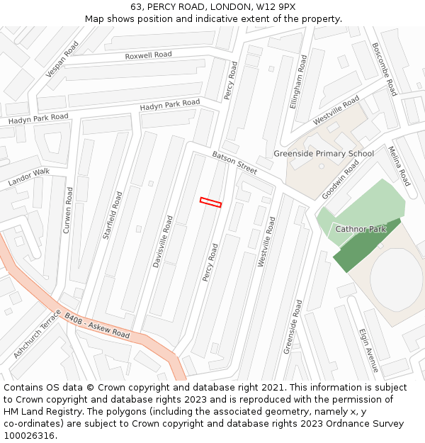 63, PERCY ROAD, LONDON, W12 9PX: Location map and indicative extent of plot