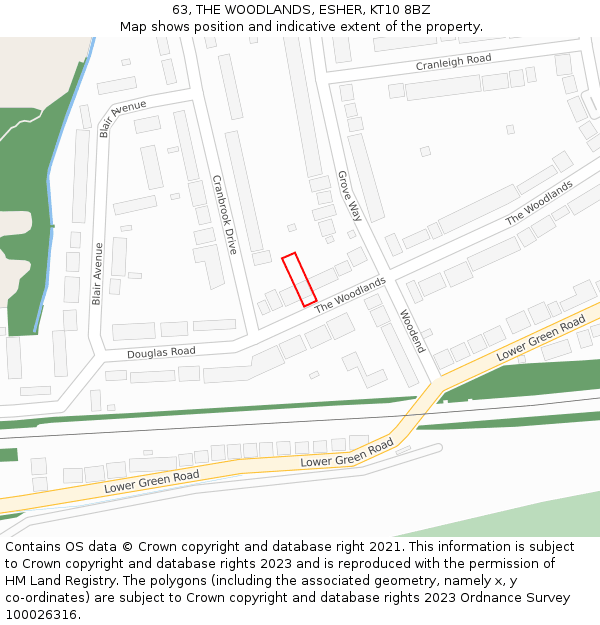 63, THE WOODLANDS, ESHER, KT10 8BZ: Location map and indicative extent of plot