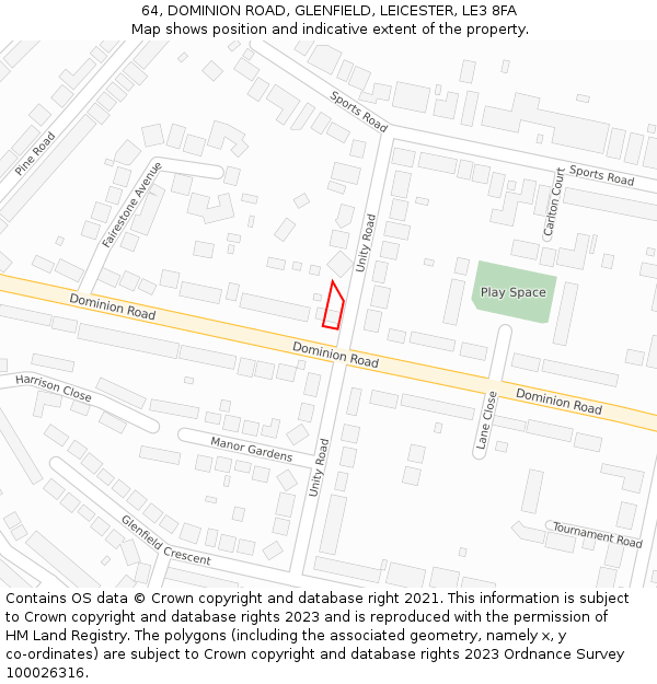 64, DOMINION ROAD, GLENFIELD, LEICESTER, LE3 8FA: Location map and indicative extent of plot