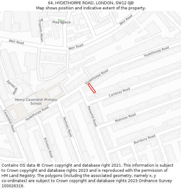 64, HYDETHORPE ROAD, LONDON, SW12 0JB: Location map and indicative extent of plot