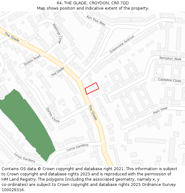 64, THE GLADE, CROYDON, CR0 7QD: Location map and indicative extent of plot