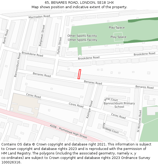 65, BENARES ROAD, LONDON, SE18 1HX: Location map and indicative extent of plot