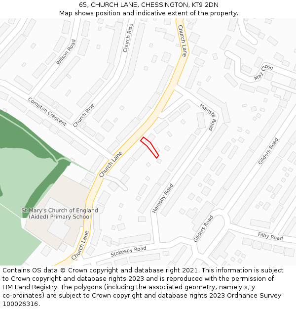 65, CHURCH LANE, CHESSINGTON, KT9 2DN: Location map and indicative extent of plot