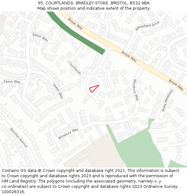 65, COURTLANDS, BRADLEY STOKE, BRISTOL, BS32 9BA: Location map and indicative extent of plot