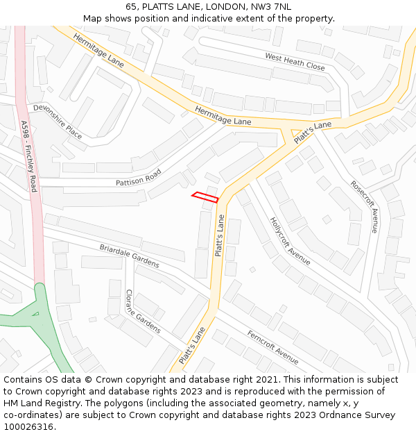 65, PLATTS LANE, LONDON, NW3 7NL: Location map and indicative extent of plot