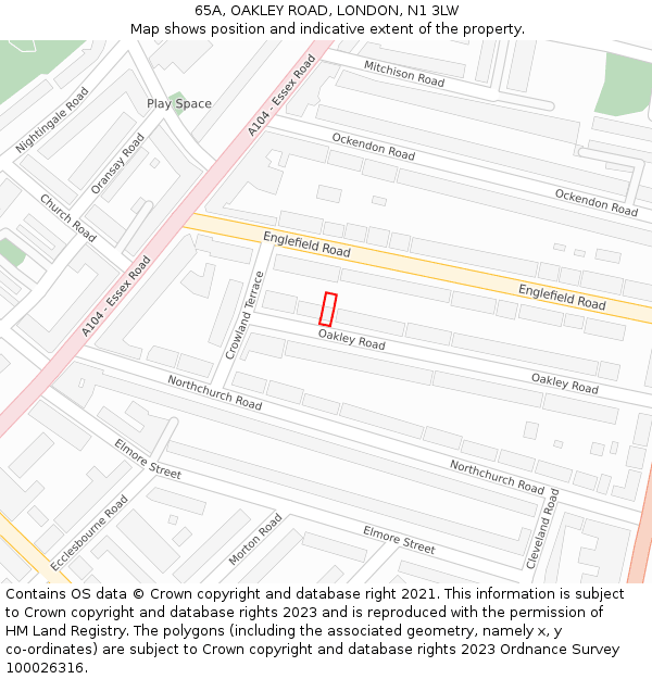 65A, OAKLEY ROAD, LONDON, N1 3LW: Location map and indicative extent of plot