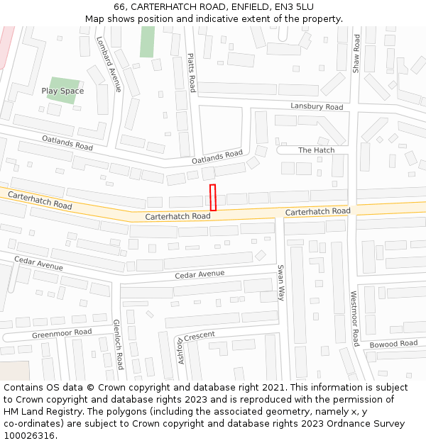 66, CARTERHATCH ROAD, ENFIELD, EN3 5LU: Location map and indicative extent of plot