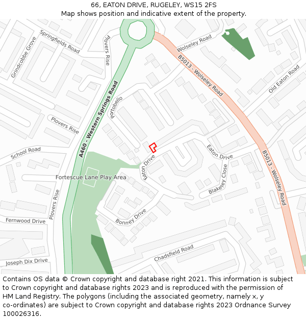 66, EATON DRIVE, RUGELEY, WS15 2FS: Location map and indicative extent of plot