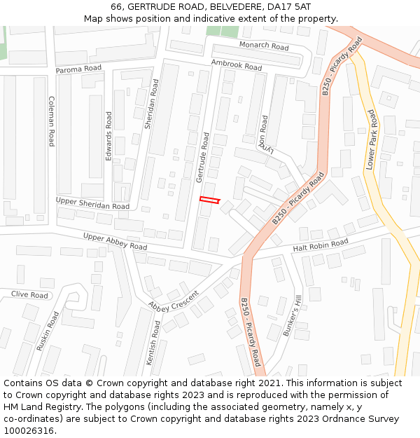 66, GERTRUDE ROAD, BELVEDERE, DA17 5AT: Location map and indicative extent of plot