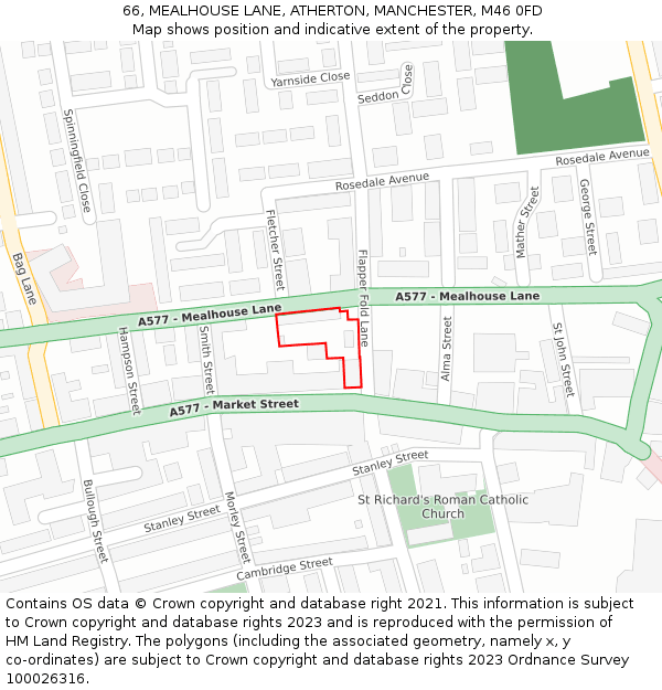 66, MEALHOUSE LANE, ATHERTON, MANCHESTER, M46 0FD: Location map and indicative extent of plot