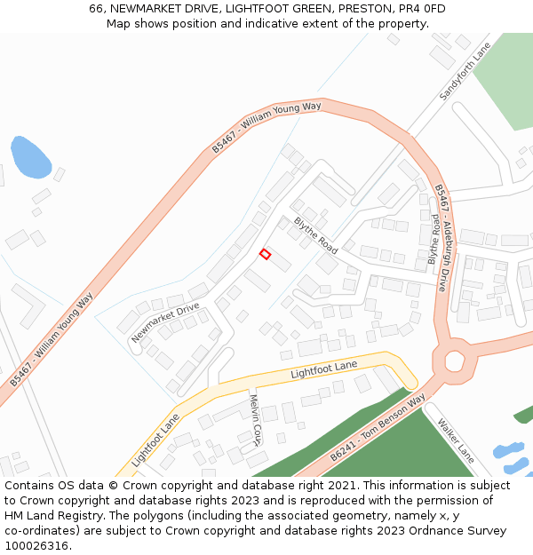 66, NEWMARKET DRIVE, LIGHTFOOT GREEN, PRESTON, PR4 0FD: Location map and indicative extent of plot