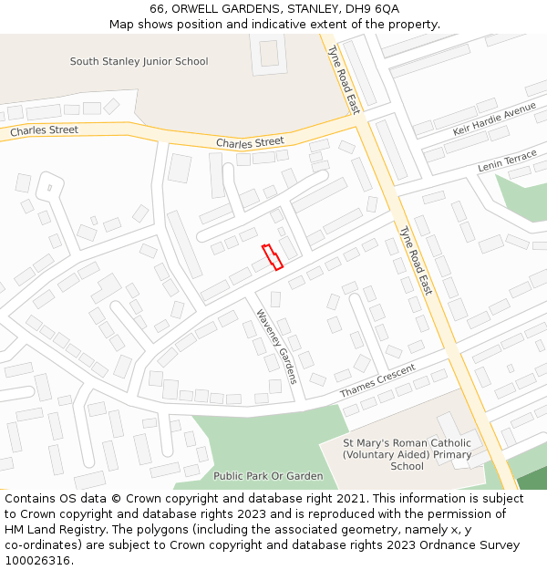 66, ORWELL GARDENS, STANLEY, DH9 6QA: Location map and indicative extent of plot