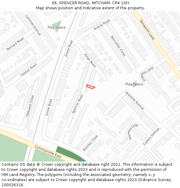 66, SPENCER ROAD, MITCHAM, CR4 1SH: Location map and indicative extent of plot