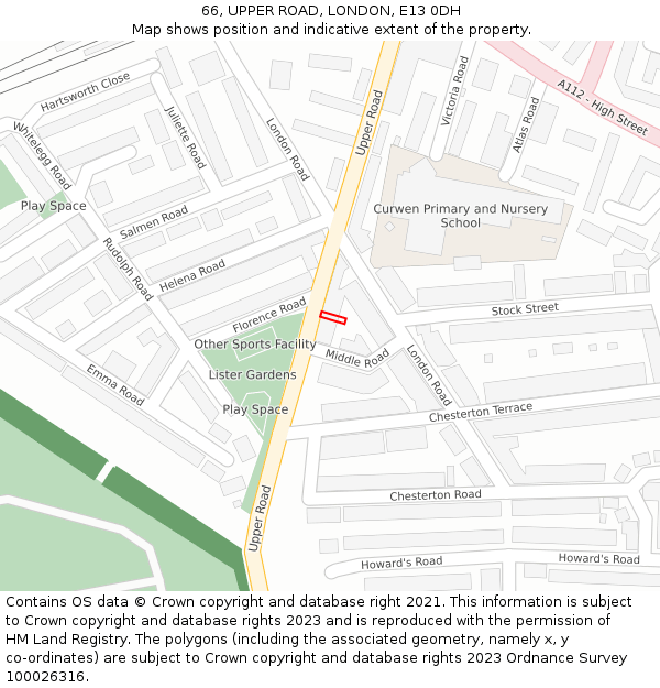 66, UPPER ROAD, LONDON, E13 0DH: Location map and indicative extent of plot