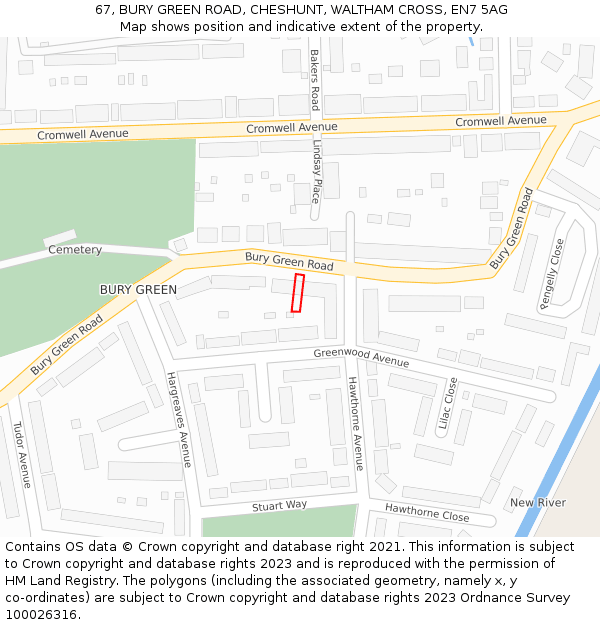 67, BURY GREEN ROAD, CHESHUNT, WALTHAM CROSS, EN7 5AG: Location map and indicative extent of plot