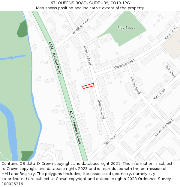 67, QUEENS ROAD, SUDBURY, CO10 1PG: Location map and indicative extent of plot