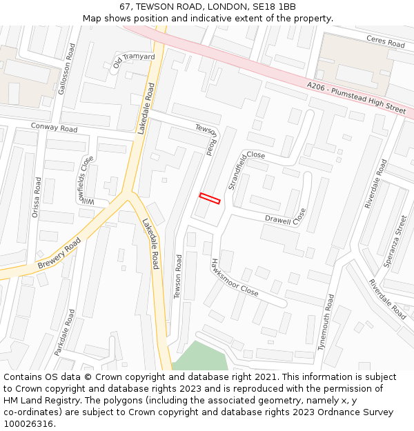 67, TEWSON ROAD, LONDON, SE18 1BB: Location map and indicative extent of plot