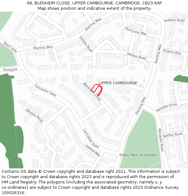 68, BLENHEIM CLOSE, UPPER CAMBOURNE, CAMBRIDGE, CB23 6AP: Location map and indicative extent of plot