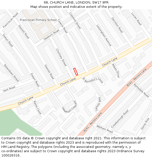 68, CHURCH LANE, LONDON, SW17 9PR: Location map and indicative extent of plot