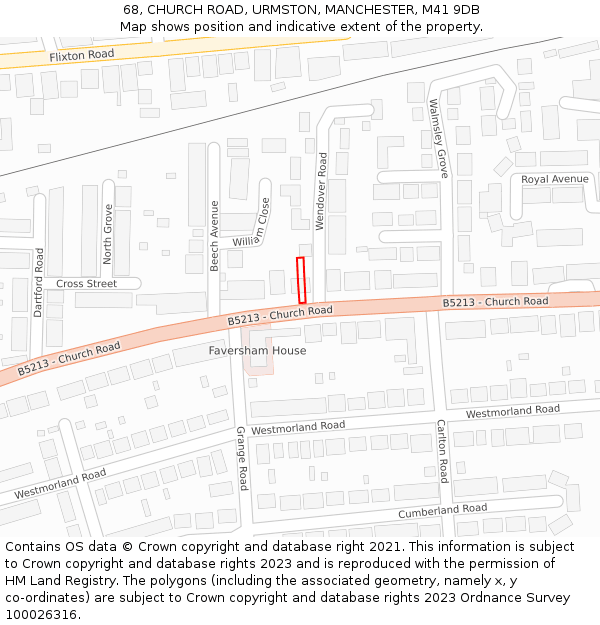 68, CHURCH ROAD, URMSTON, MANCHESTER, M41 9DB: Location map and indicative extent of plot