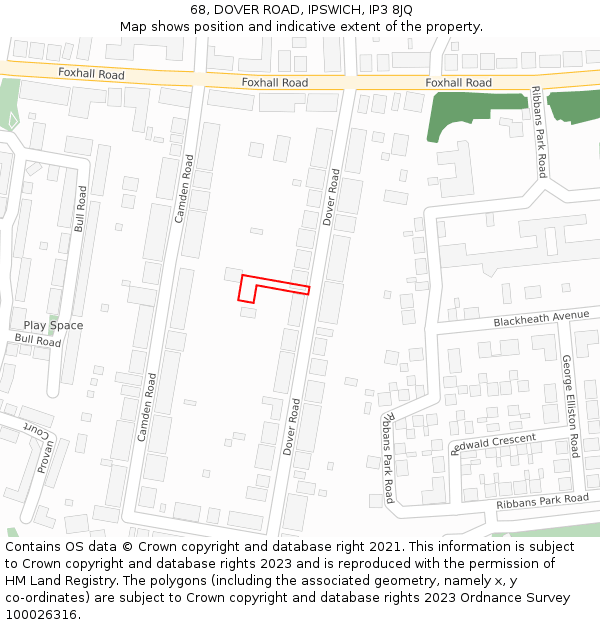 68, DOVER ROAD, IPSWICH, IP3 8JQ: Location map and indicative extent of plot