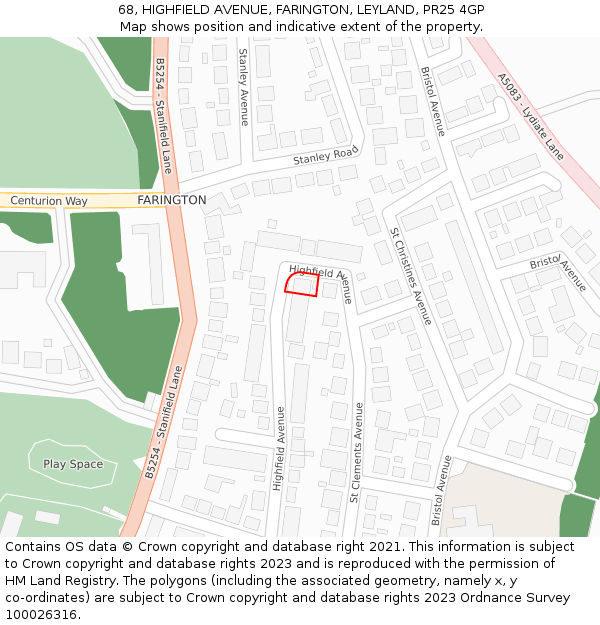 68, HIGHFIELD AVENUE, FARINGTON, LEYLAND, PR25 4GP: Location map and indicative extent of plot
