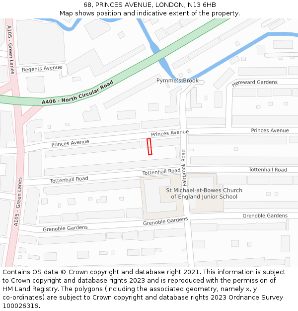 68, PRINCES AVENUE, LONDON, N13 6HB: Location map and indicative extent of plot