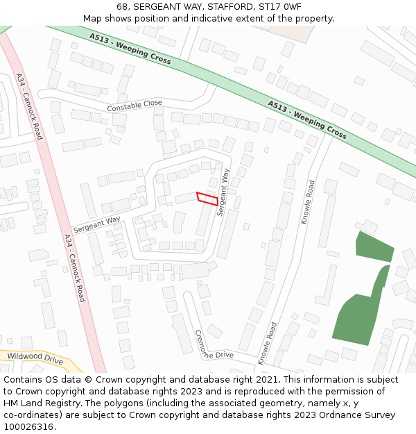 68, SERGEANT WAY, STAFFORD, ST17 0WF: Location map and indicative extent of plot